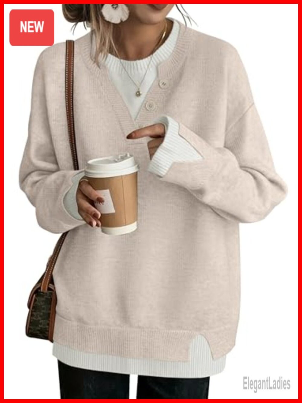 Oversized Knit Pullover Sweater Crew Neck Drop Shoulder Women's Fall Top